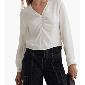 Madewell White Ruched V-Neck Blouse